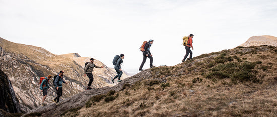 A group of friends hiking up a hill carrying backpacks