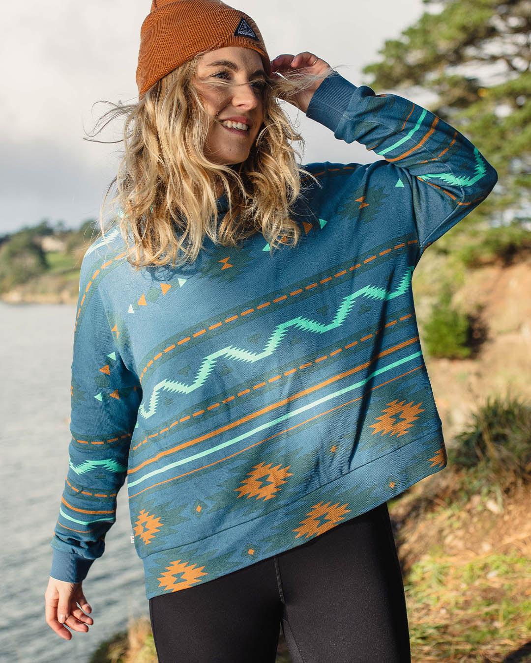 Wilderness Recycled Cotton Printed Hoodie - Blue Coral Geo Pattern Two