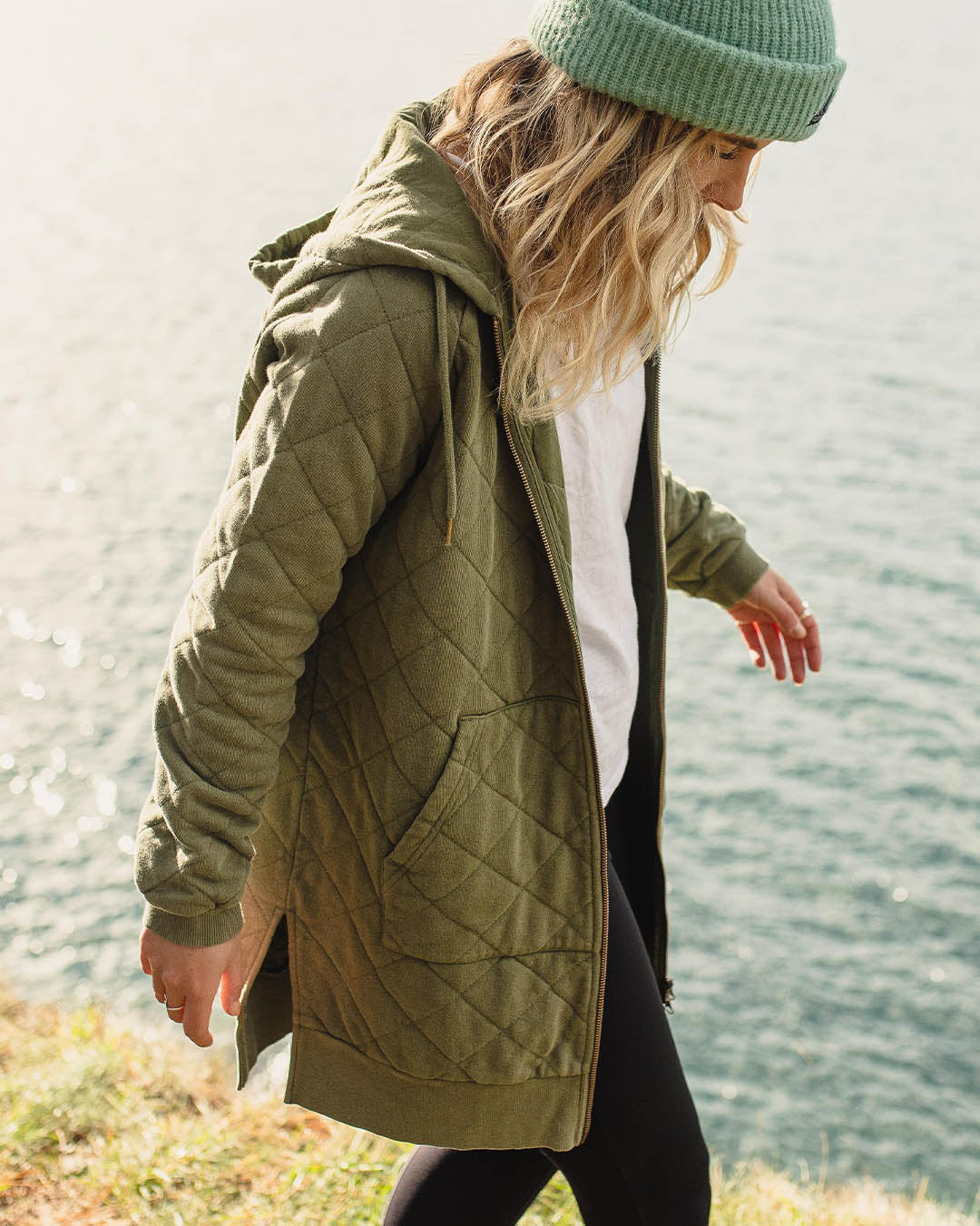 Getaway Recycled Quilted Full Zip Hoodie - Khaki