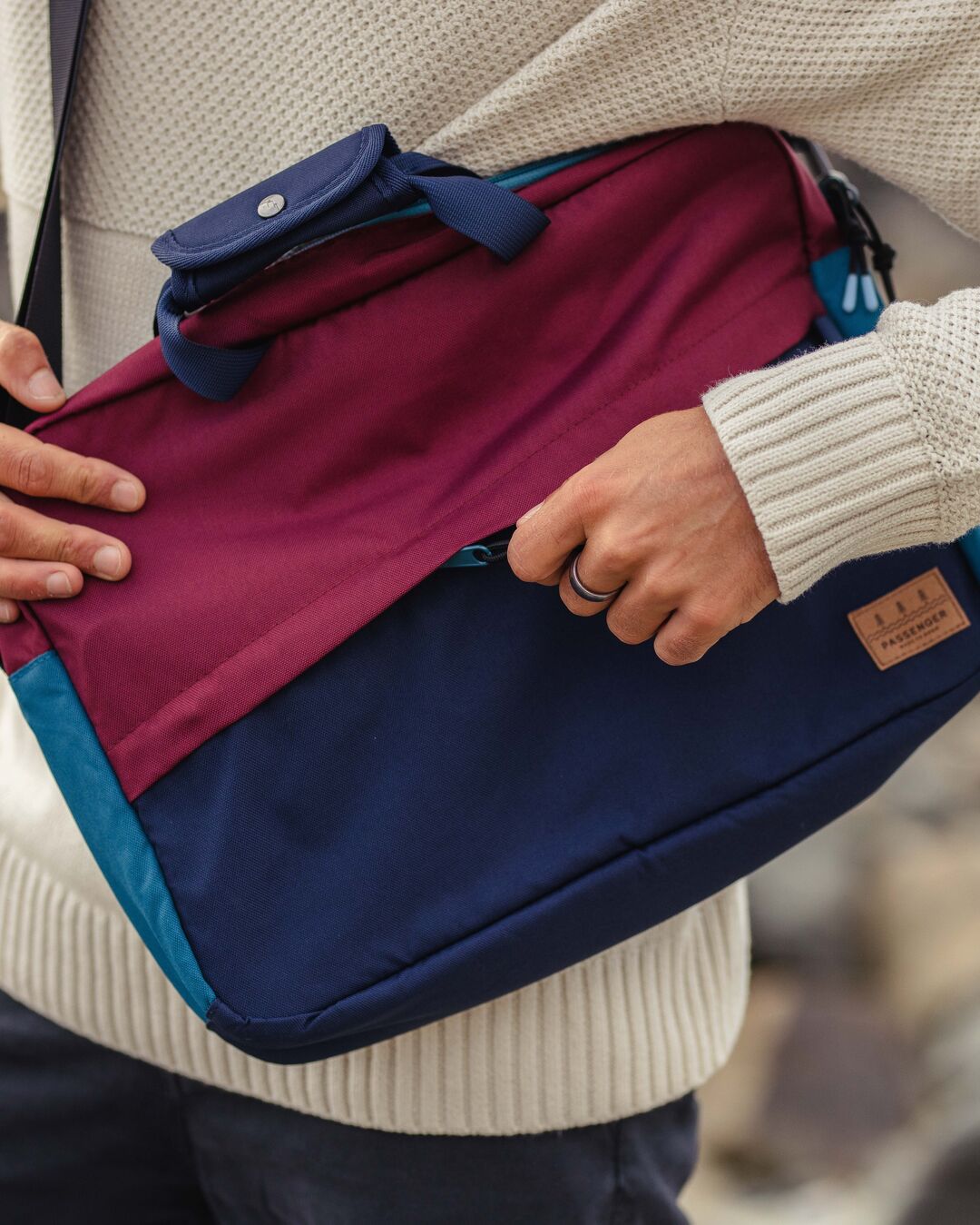 Recycled Messenger Bag - Navy/Burgundy