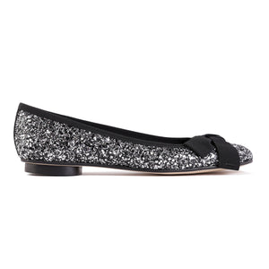 VENEZIA - Glitter Notte + Nero Grosgrain Bow + Trim, VIAJIYU - Women's Hand Made Sustainable Luxury Shoes. Made in Italy. Made to Order.