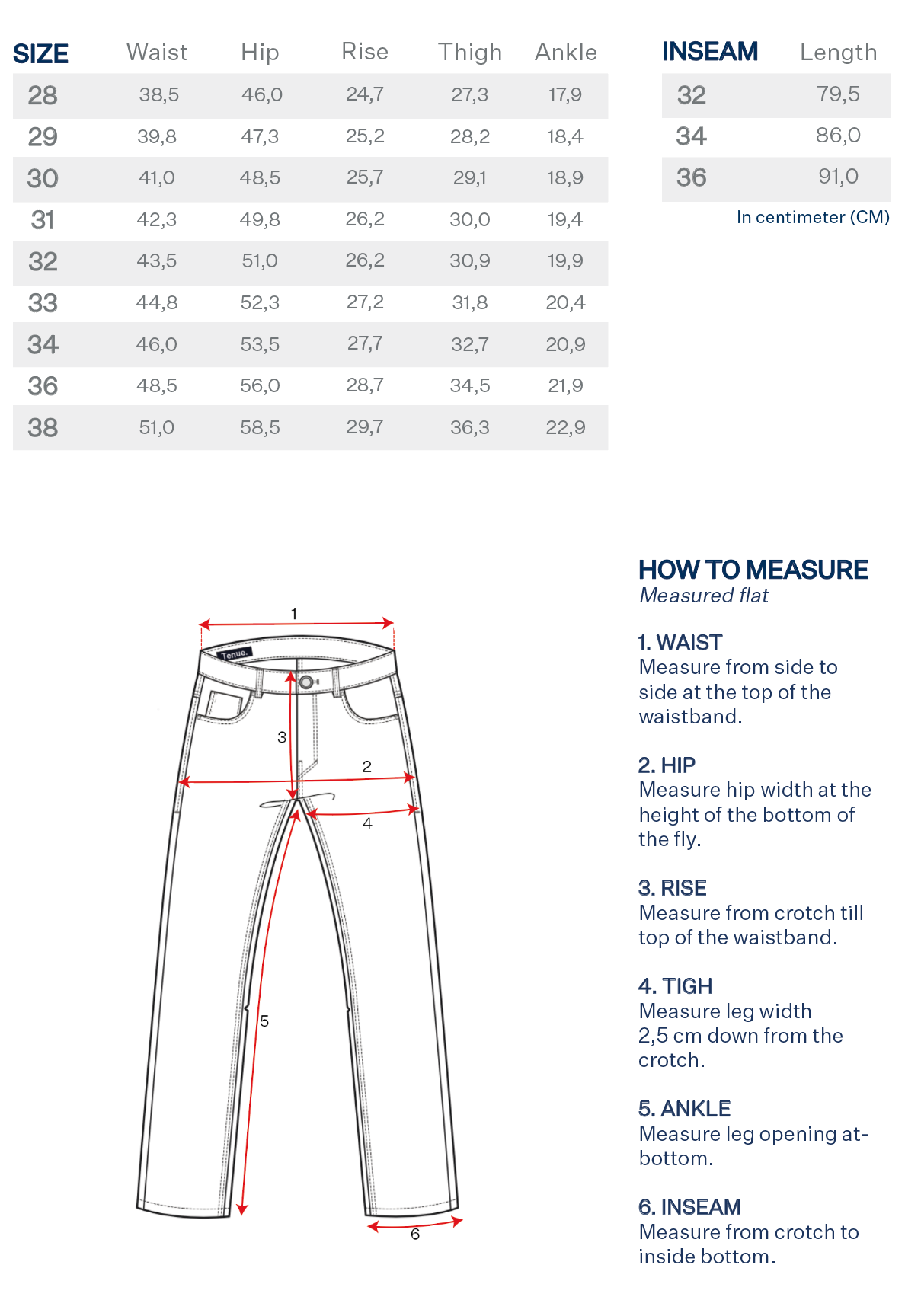 Size chart jeans - Pablo Arroyo - Tenue. 