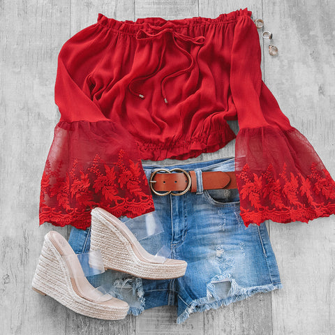 Red Lace Bell Sleeve Crop Top Fourth of July Outfit