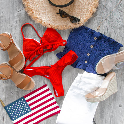 Red Bikini and Navy Crop Top Fourth of July Outfit