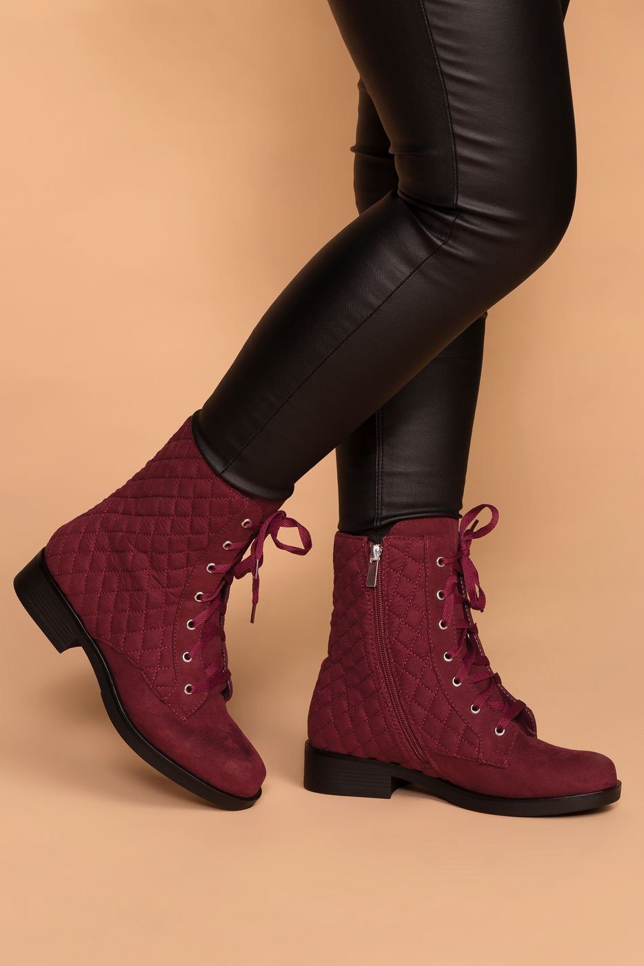 Callahan Burgundy Suede Quilted Combat Boots By Priceless