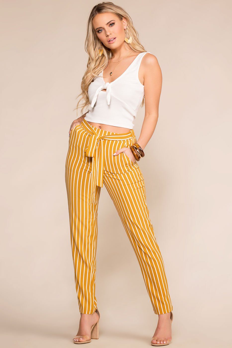 mustard and white striped pants