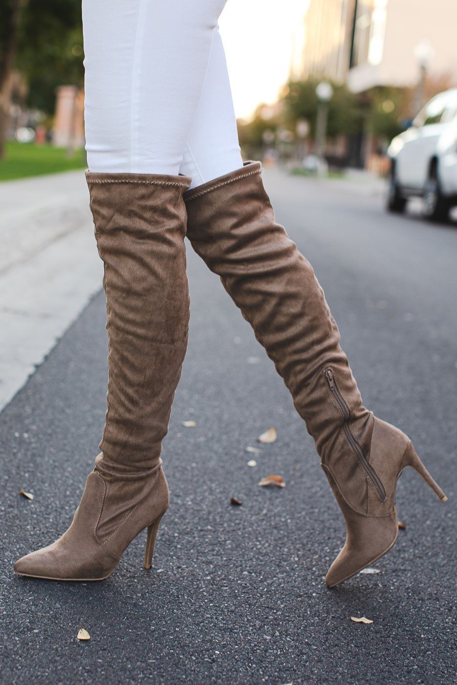 taupe over the knee boots