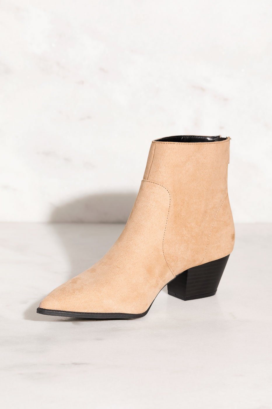 Go Wild Taupe Pointed-Toe Booties by 