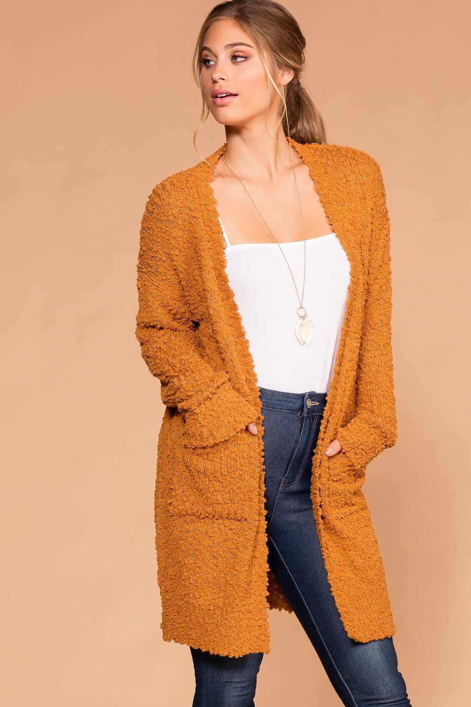 long mustard cardigan outfit