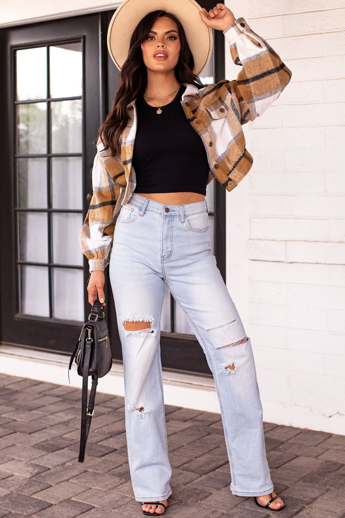 Ozzie Camel Plaid Crop Jacket