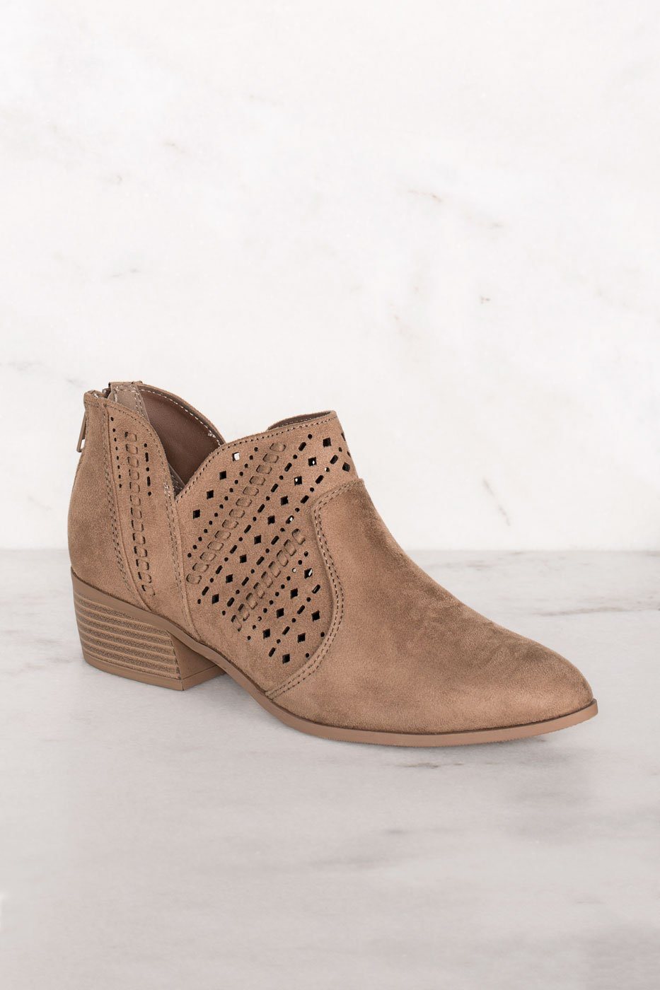 Rosie Taupe Laser Cut Booties by Priceless