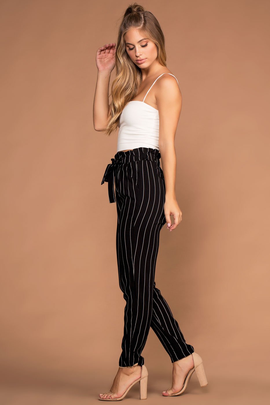 black striped paper bag pants