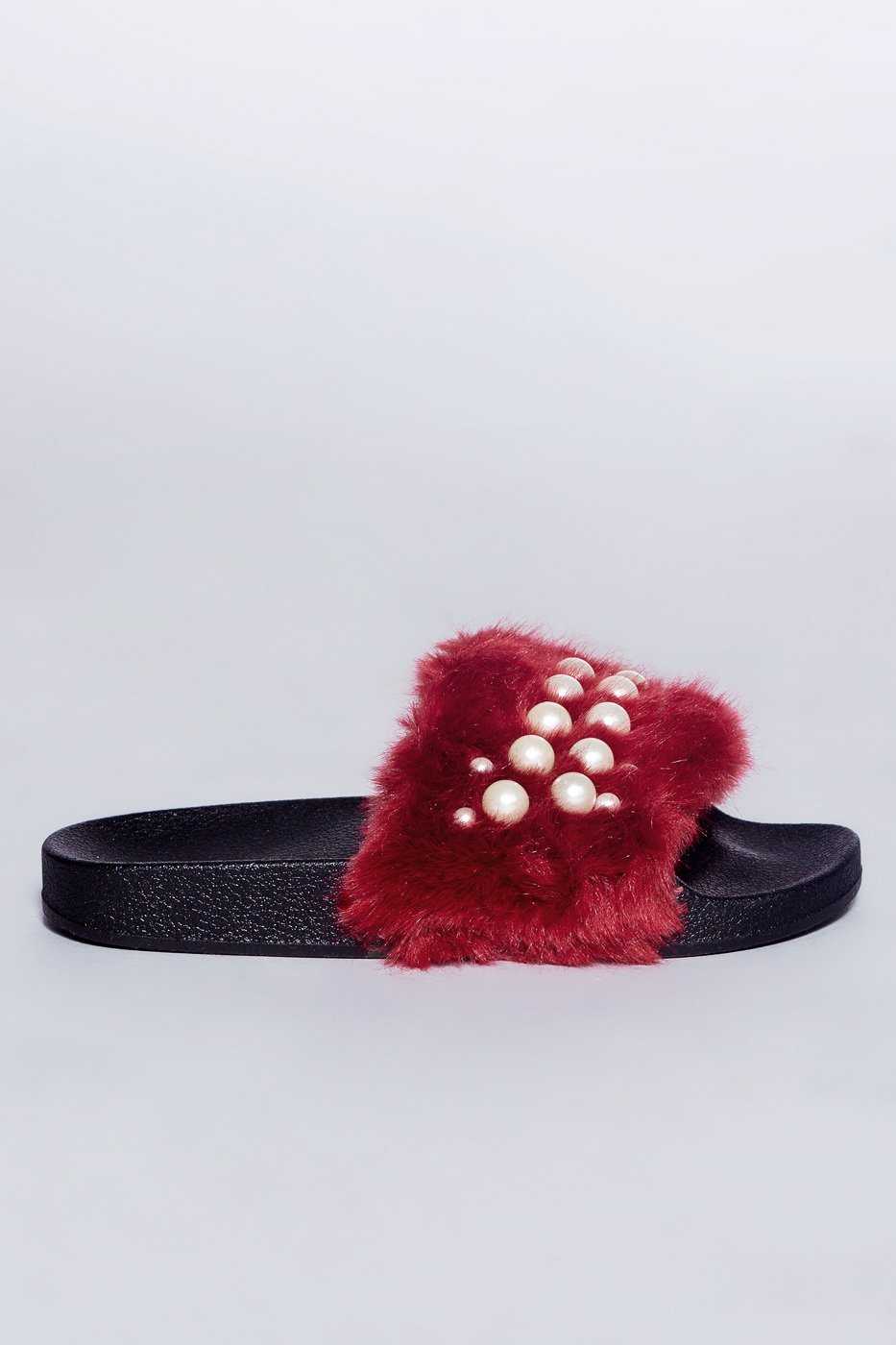 burgundy fur slides