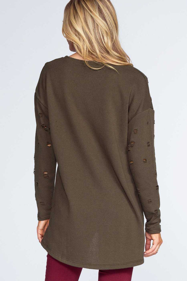 Caught In The Act Distressed Sweater - Olive