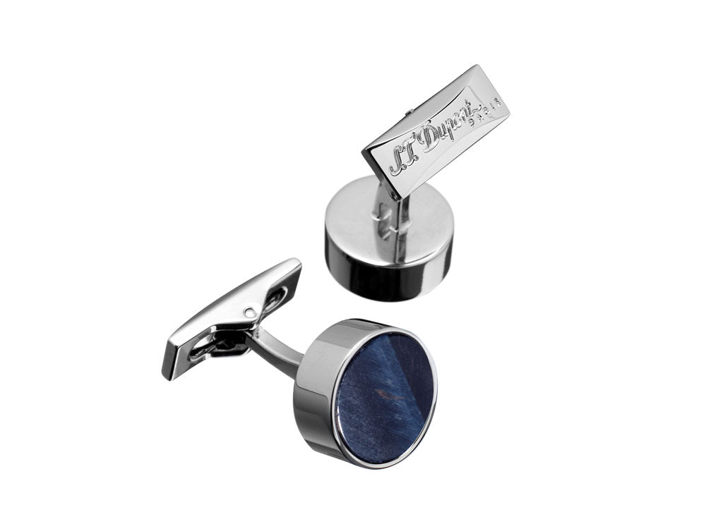 S T Dupont Round Falcon Eye Cufflinks Palladium Blue Iguana Sell