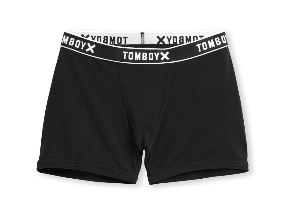 4.5" boxer briefs black with smooth tomboyx logo elastic waistband, made with OEKO-TEX® 100 Certified fabrics, Fit-tested on all body types, sizes XS-6X 95% OEKO-TEX Certified cotton, 5% spandex Signature stay-put silky soft TomboyX waistband Mid rise fit, 4.5" inseam