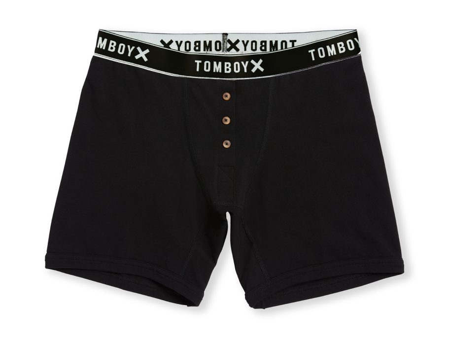 6" boxer briefs black with smooth tomboyx logo elastic waistband, made with OEKO-TEX® 100 Certified fabrics, Fit-tested on all body types, sizes XS-6X 95% OEKO-TEX Certified cotton, 5% spandex Signature stay-put silky soft TomboyX waistband Mid rise fit, 6" inseam