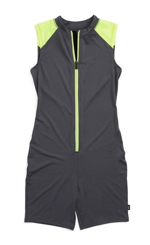 The fierce TomboyX sleeveless Unusuit in grey and neon