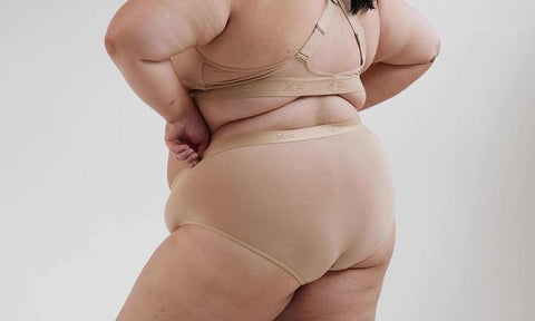 person wearing beige colored underwear and bra