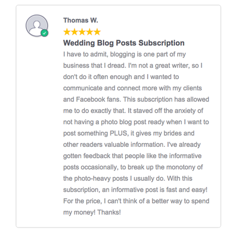 Pre written blog posts for wedding photographers testimonial