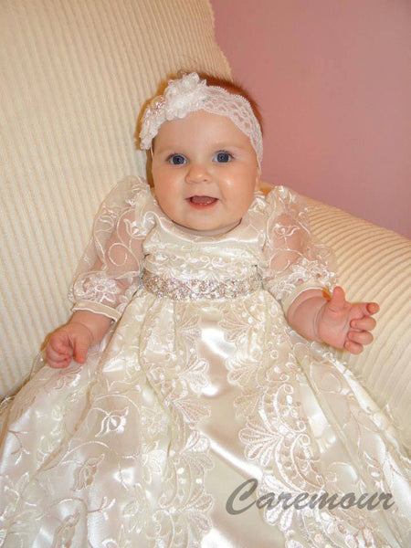 white dedication baby dress