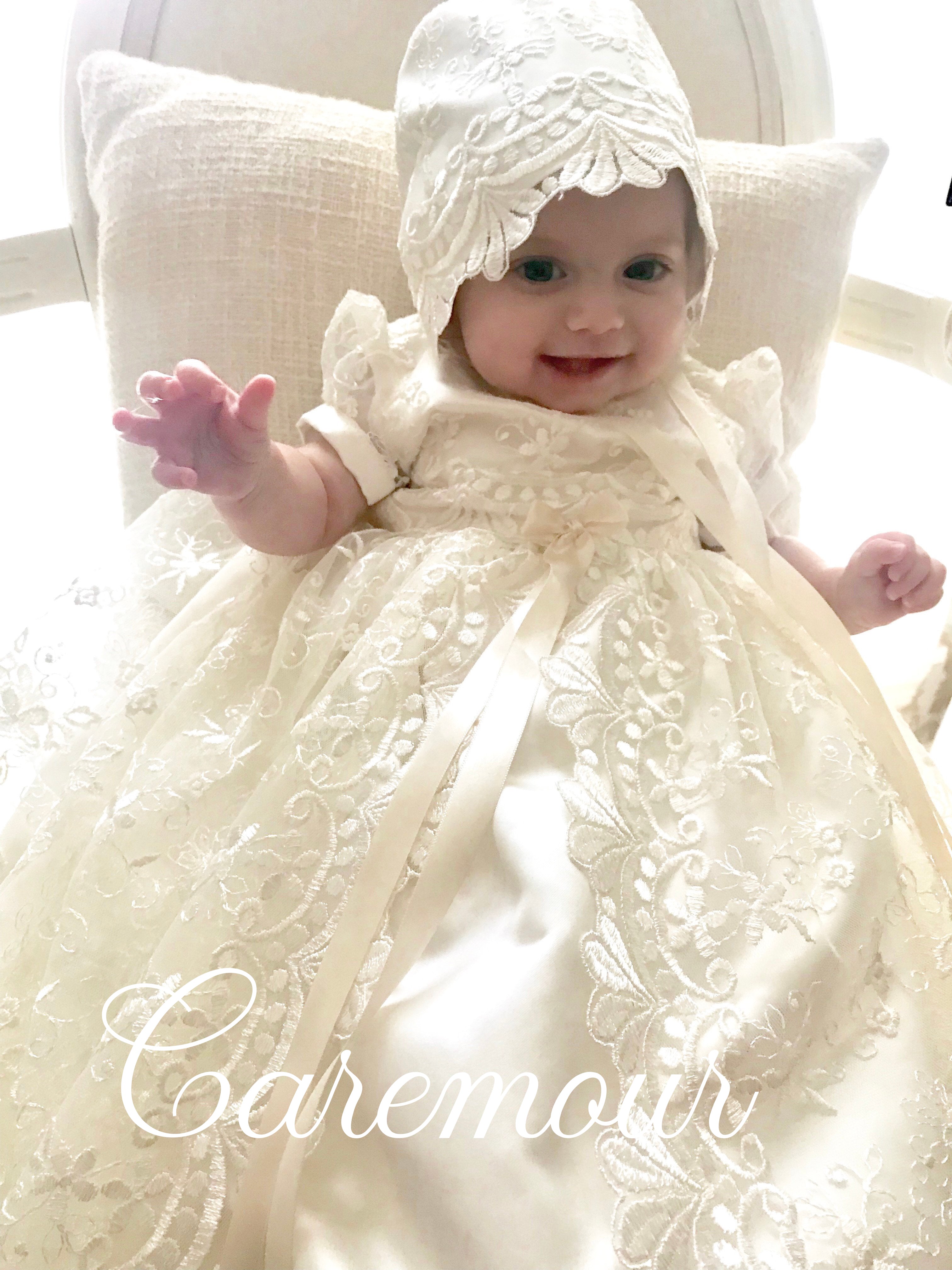 white dedication baby dress