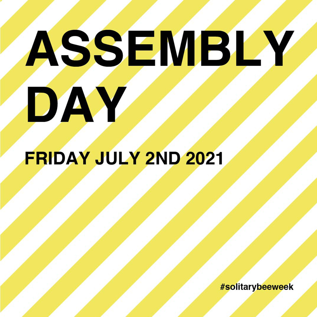 Graphic with yellow and white stripes that says assembly day 2021 as part of solitary bee week 2021