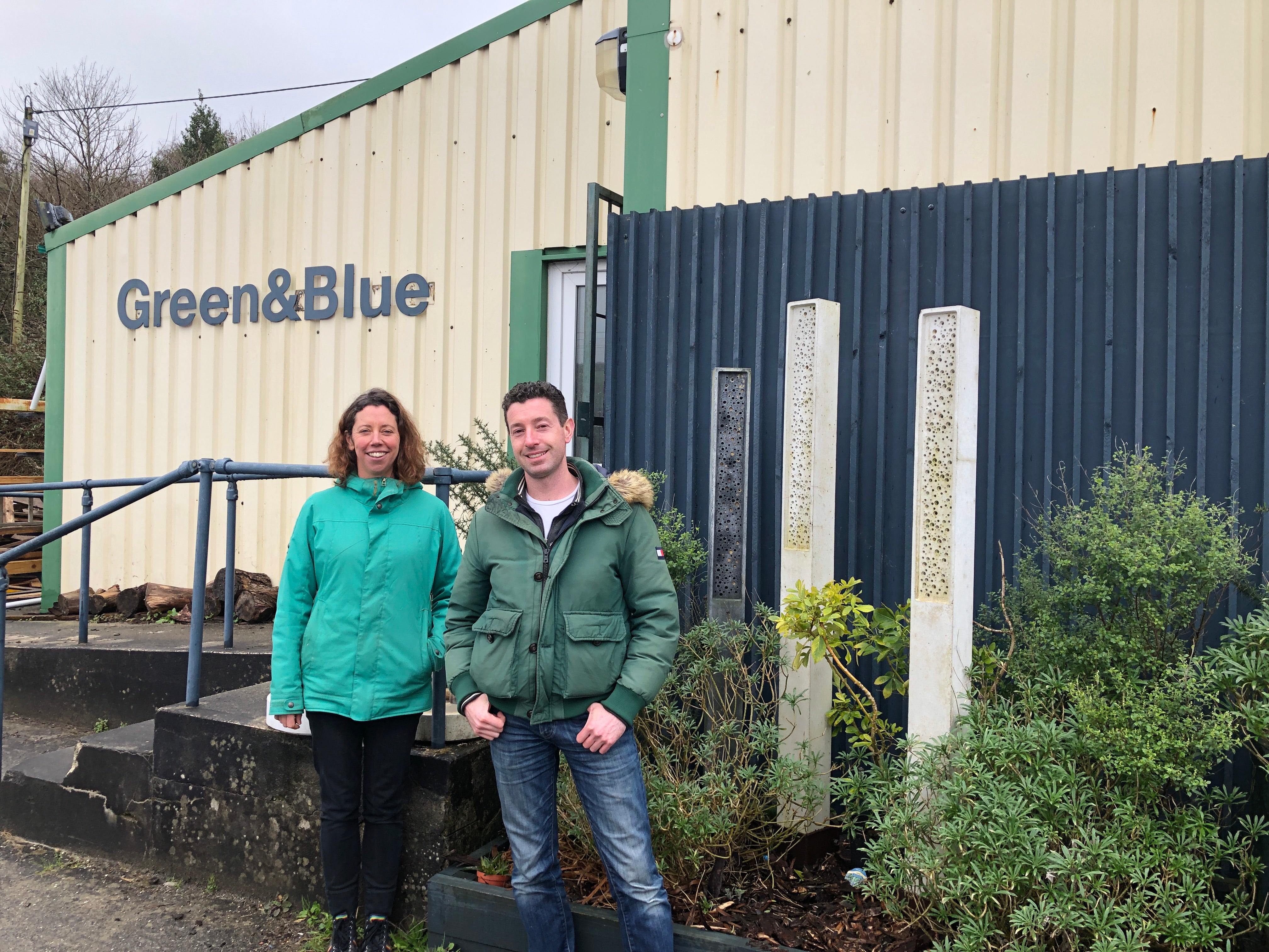 Cllr robert Nemeth and Faye from Green&Blue outside cornish workshop