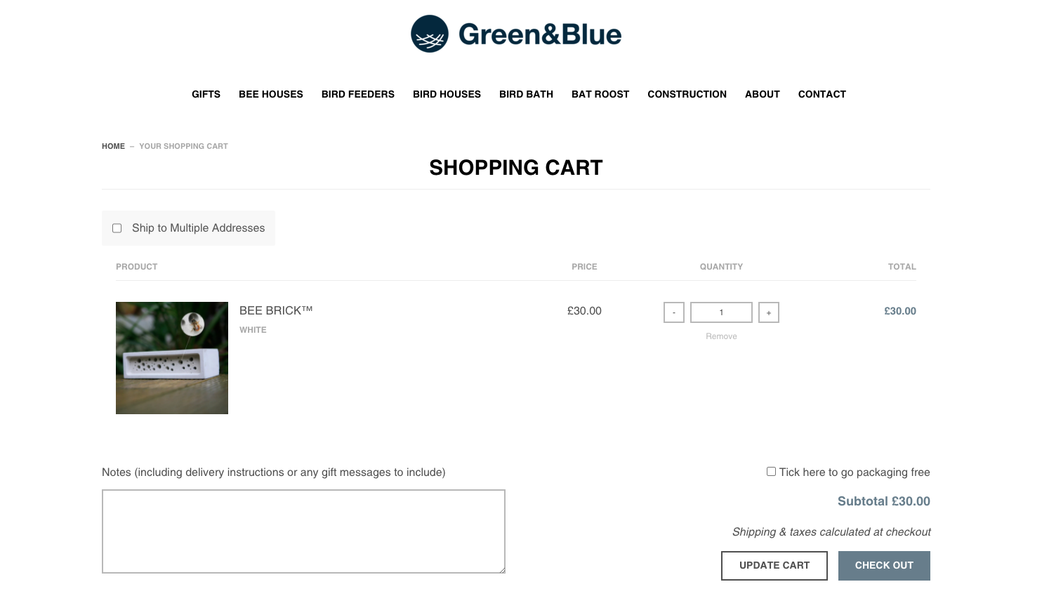 Screenshot of the Green&Blue checkout with packaging free option box