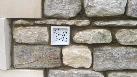 large bee block in a grey stone wall