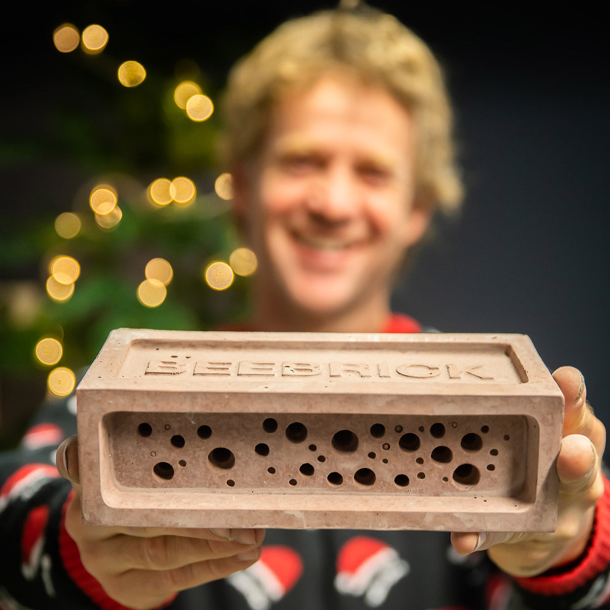 we're giving you the chance to win 4 bee bricks in the last giveaway of the year, a man holds out one bee brick