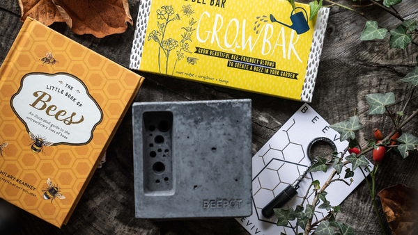 bee lovers bundle consists of the little Book of bees, with a honey coloured cover, a charcoal coloured Beepot mini placed back down with the bee cell holes facing upwards, a Beevive keyring and yellow growbar box. Everything is on a wood block with wintery foliage scattered around it 