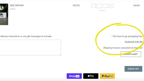payment page screen highlighting the tickbox for the option to go packaging free. Your screen reader should pick this option up but if it doesn't please let us know!