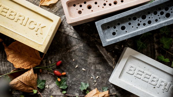 gifts for solitary bees give them somewhere safe to nest like a bee brick available in 4 colours as per this photo which shows a yellow, red, charcoal, white bee brick angles and placed on a wood log offset and scattered with festive season foliage