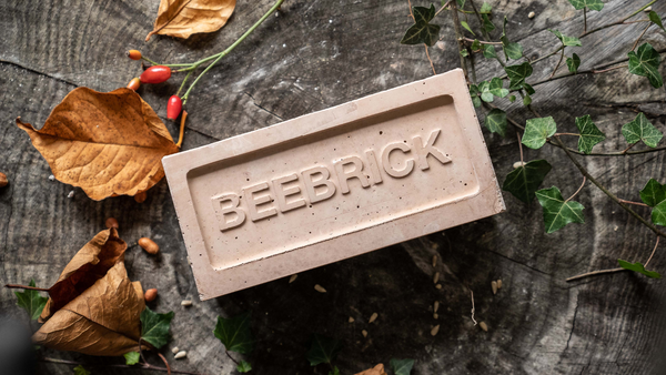 a bee brick in red is a zero waste product that will be perfect for giving at Christmas, don't forget you can tick to buy this without packaging at checkout as we aim to save waste. The brick is sitting here on a wood log with festive foliage scattered around it