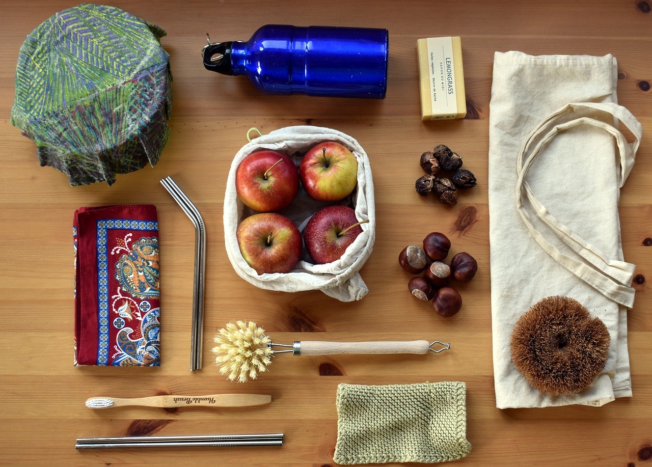 Collection of zero waste shopping items in flat lay arrangement