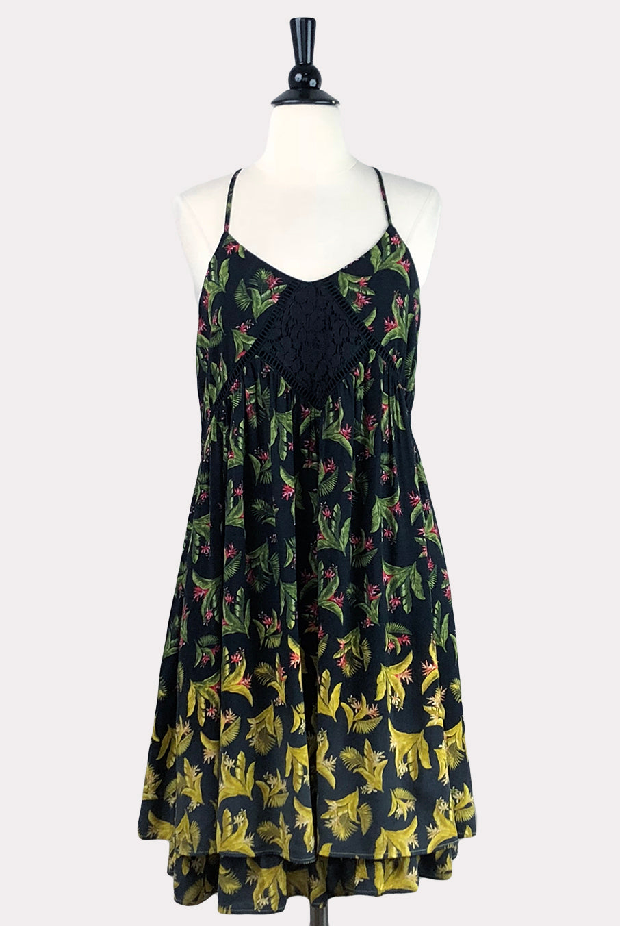 black tropical print dress