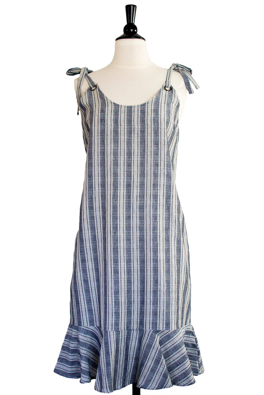blue and white vertical striped dress
