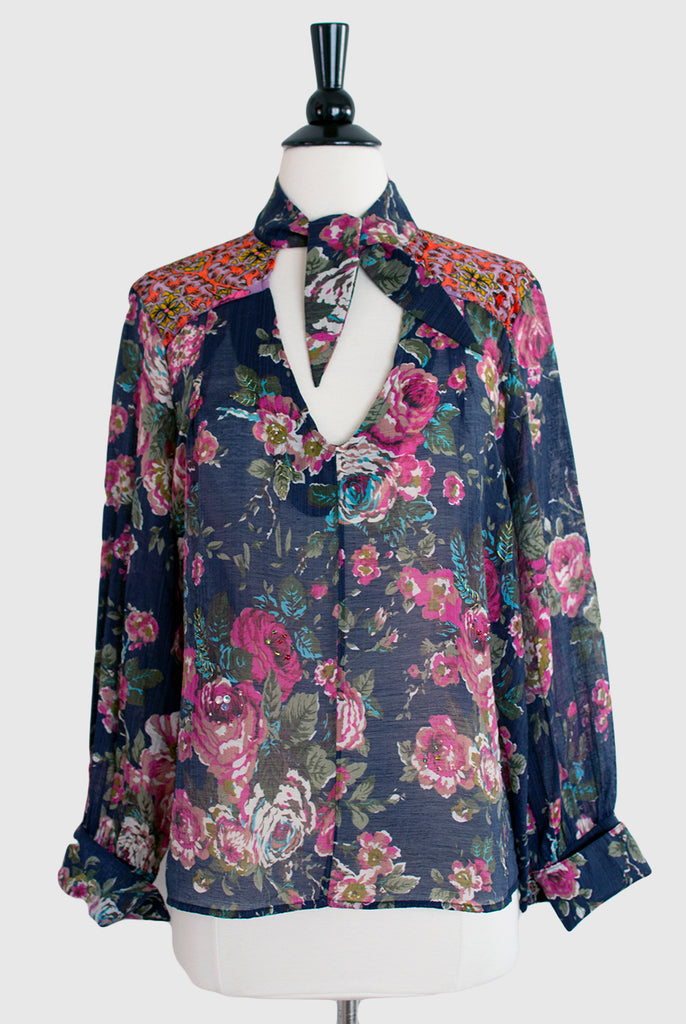 Diana Floral Tie Neck Blouse by Aratta - Hourglass Boutique