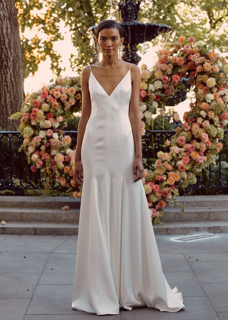 A gorgeous, simplistic slip wedding dress perfect for the classic, timeless bridal style.