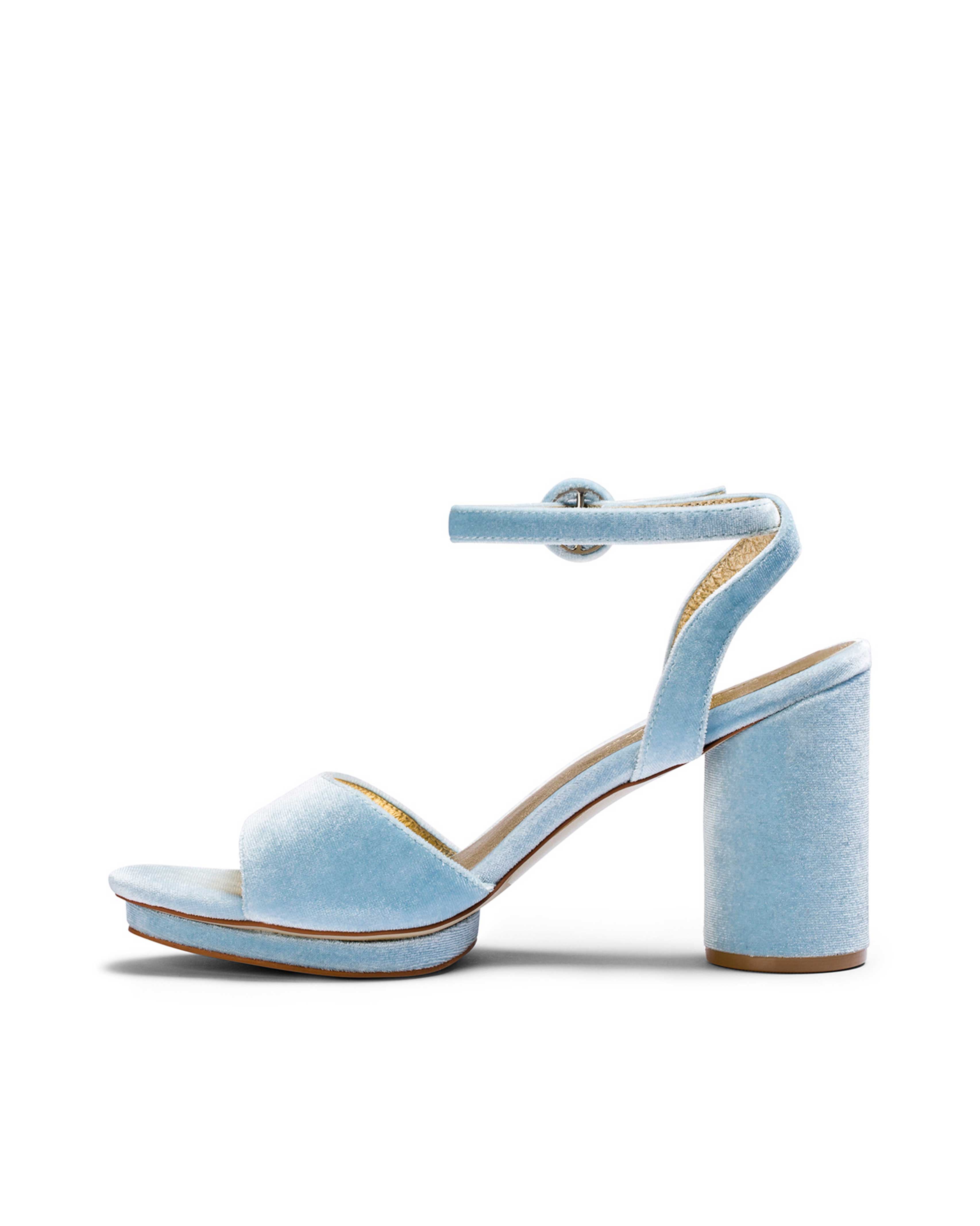 Blue velvet bridal shoes with platform and peep toe