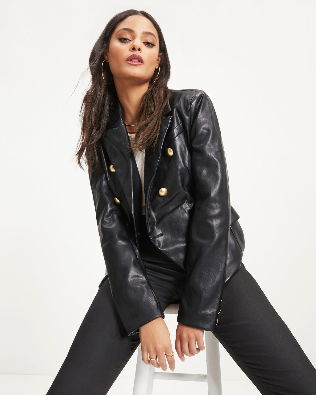 

Impress Me Much Pocketed Faux Leather Blazer