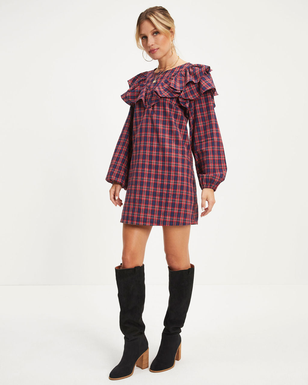 

Be Merry Plaid Ruffle Mini Dress