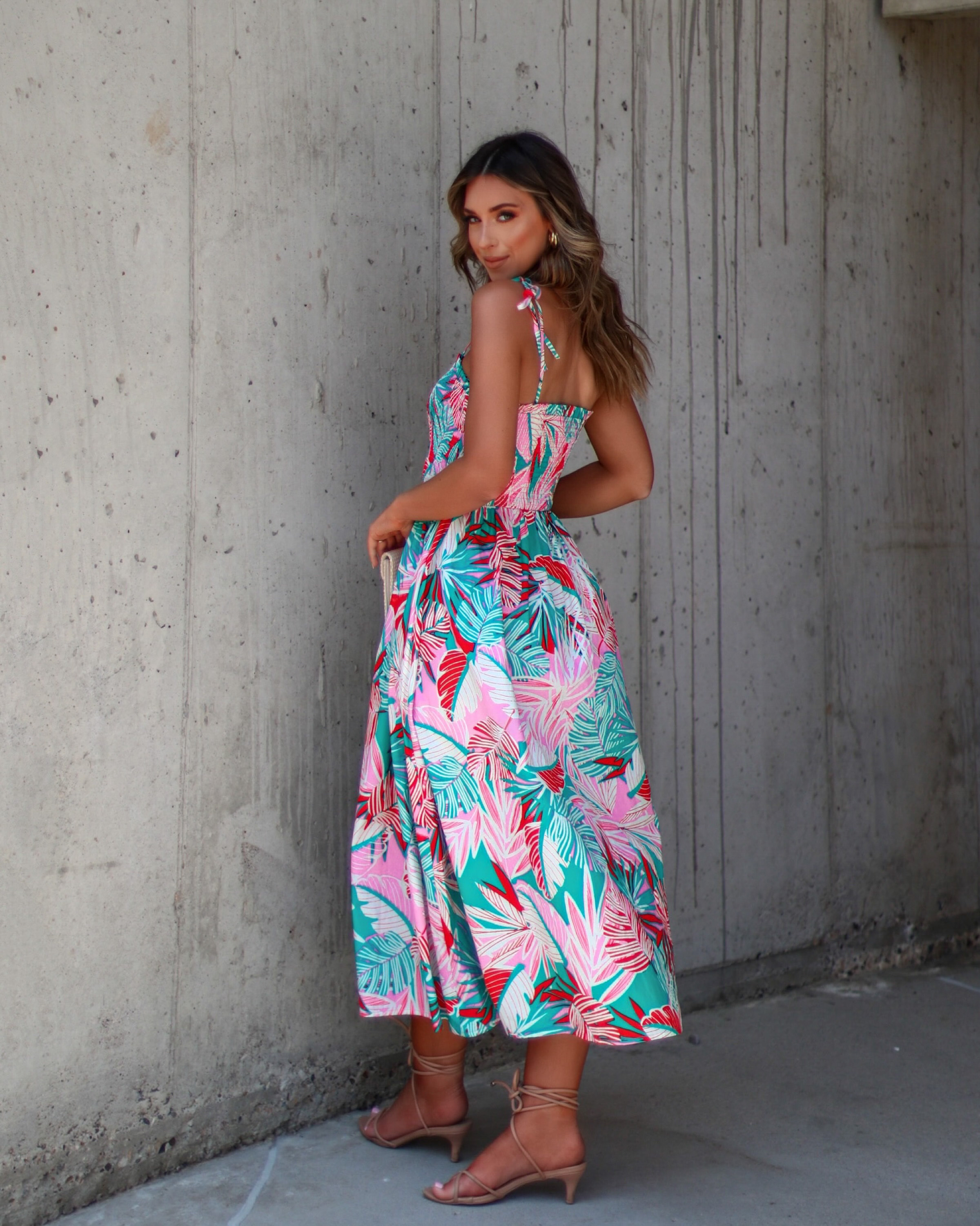 Mallorie Shoulder Tie Tropical Print Maxi Dress