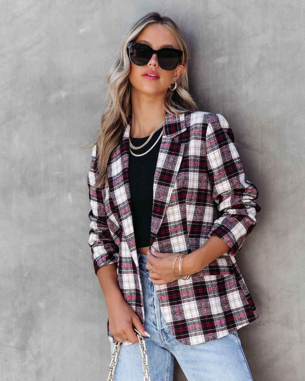 

Big Apple Dreams Pocketed Plaid Blazer