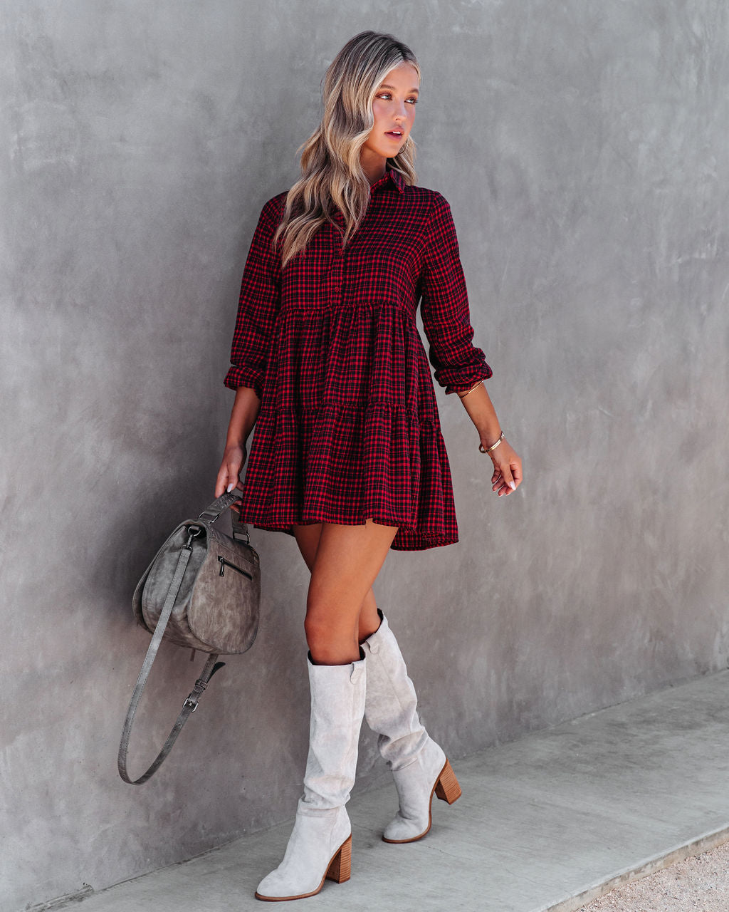 

Brittany Plaid Tiered Mini Dress