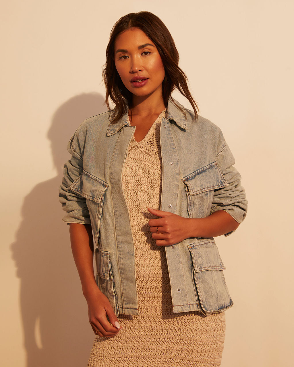 

Frontier Pocketed Light Wash Denim Jacket