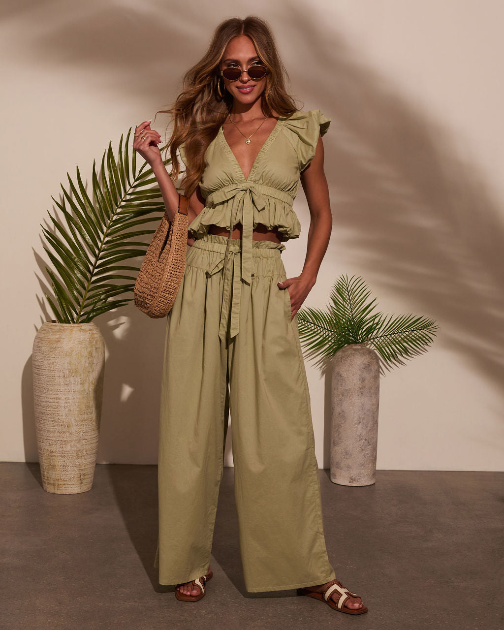 Fern Waist Tie Wide Leg Pants - Light Olive / L