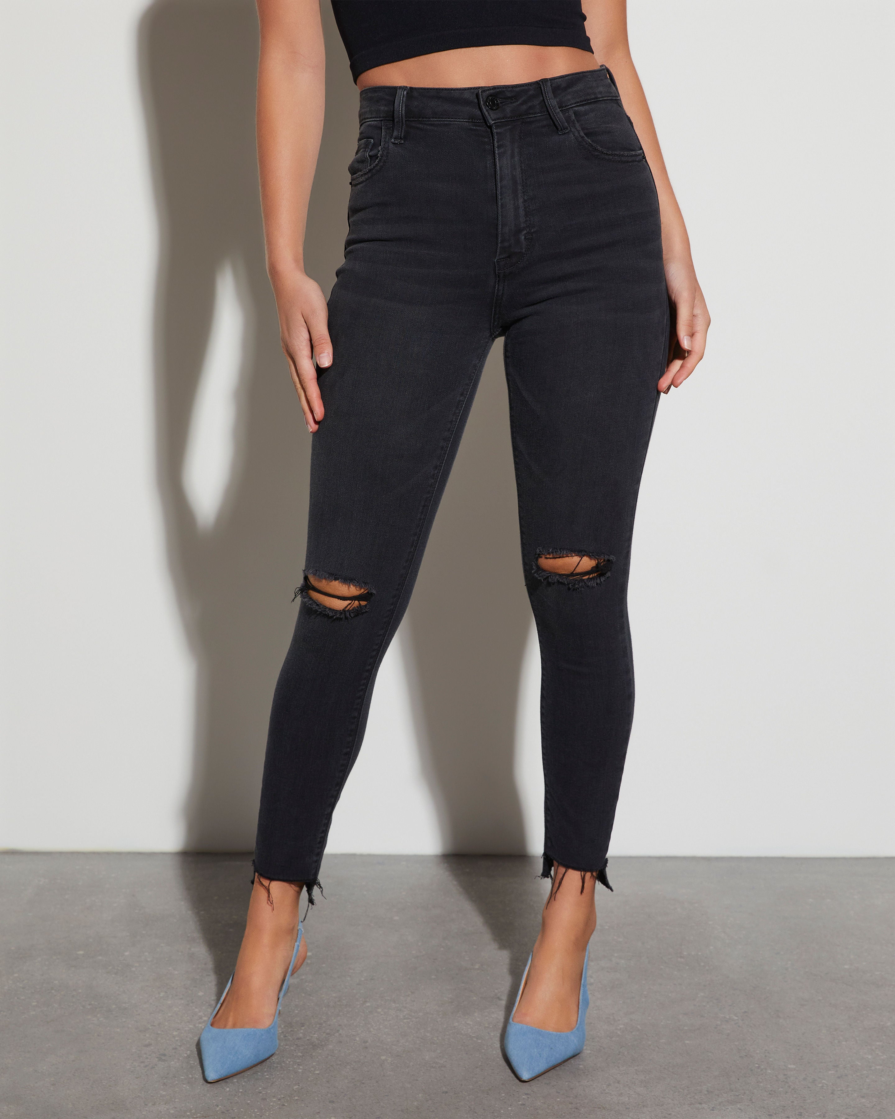 40090 Women Super High Waisted Distressed Skinny Jeans with Cut Outs