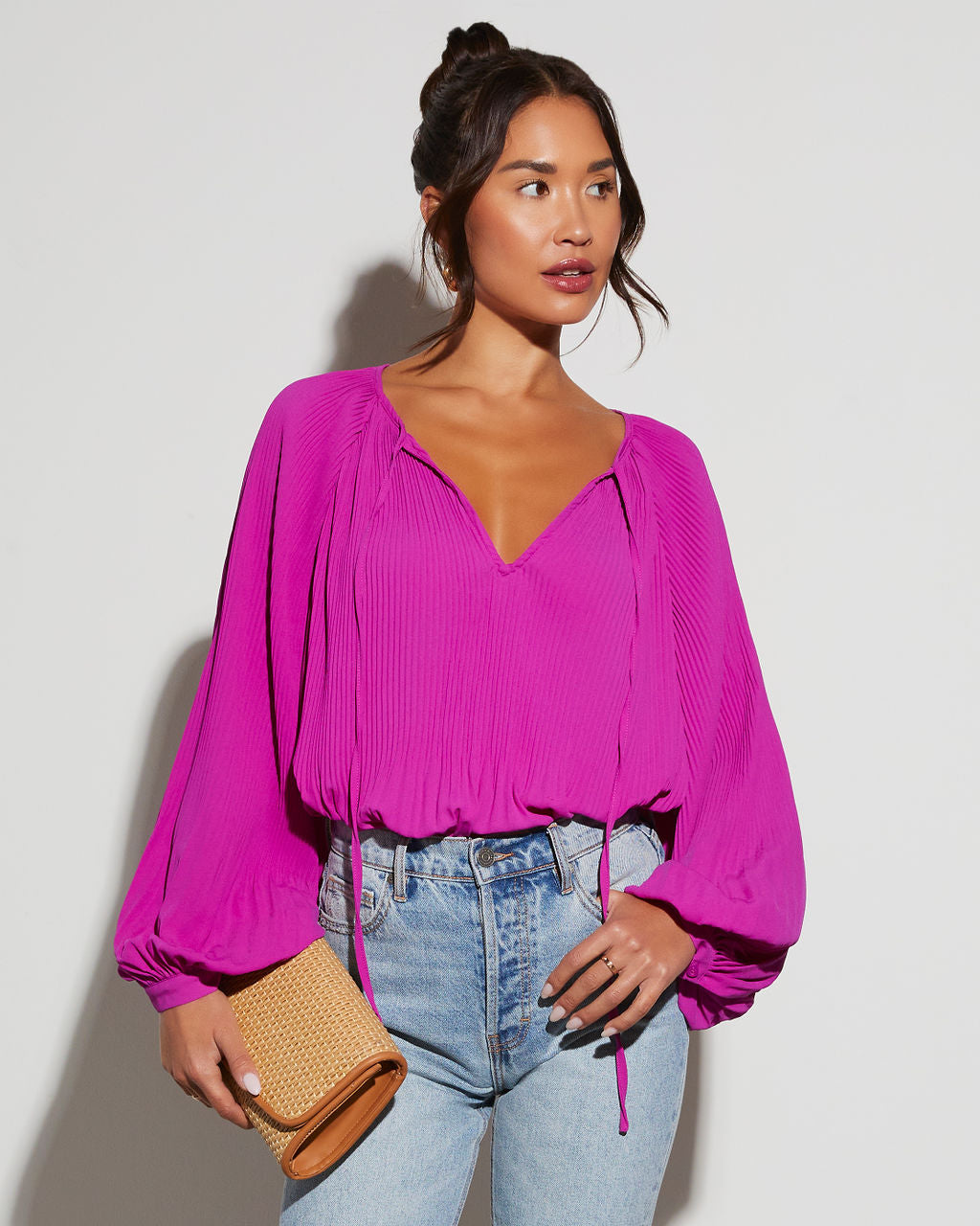 Image of Esther V-Neck Balloon Sleeve Blouse